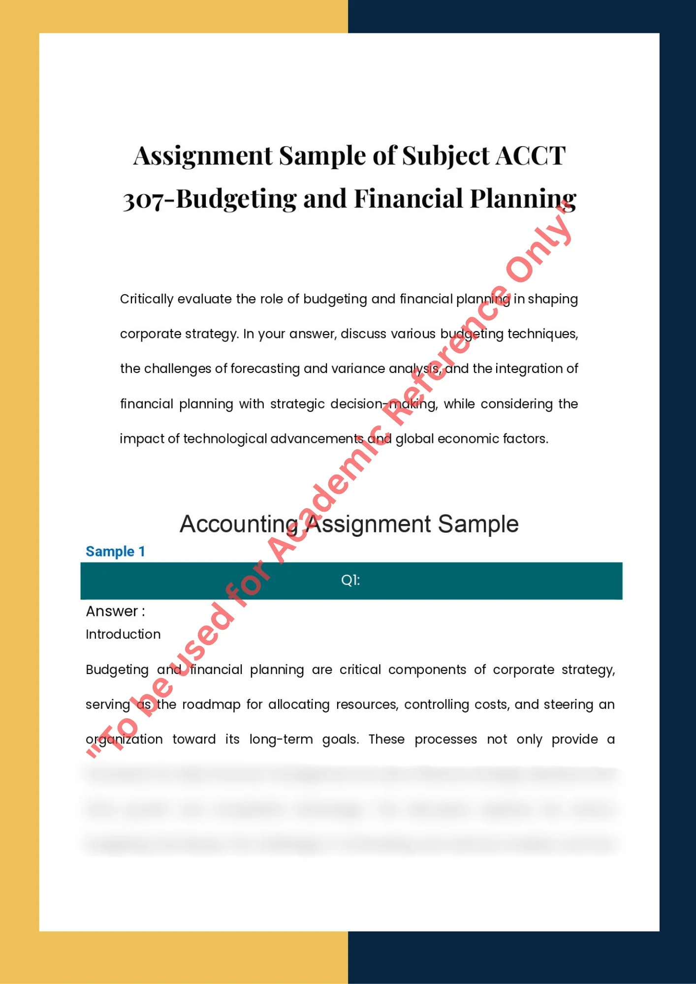 Assignment Sample of Subject ACCT 307-Budgeting and Financial Planning 0